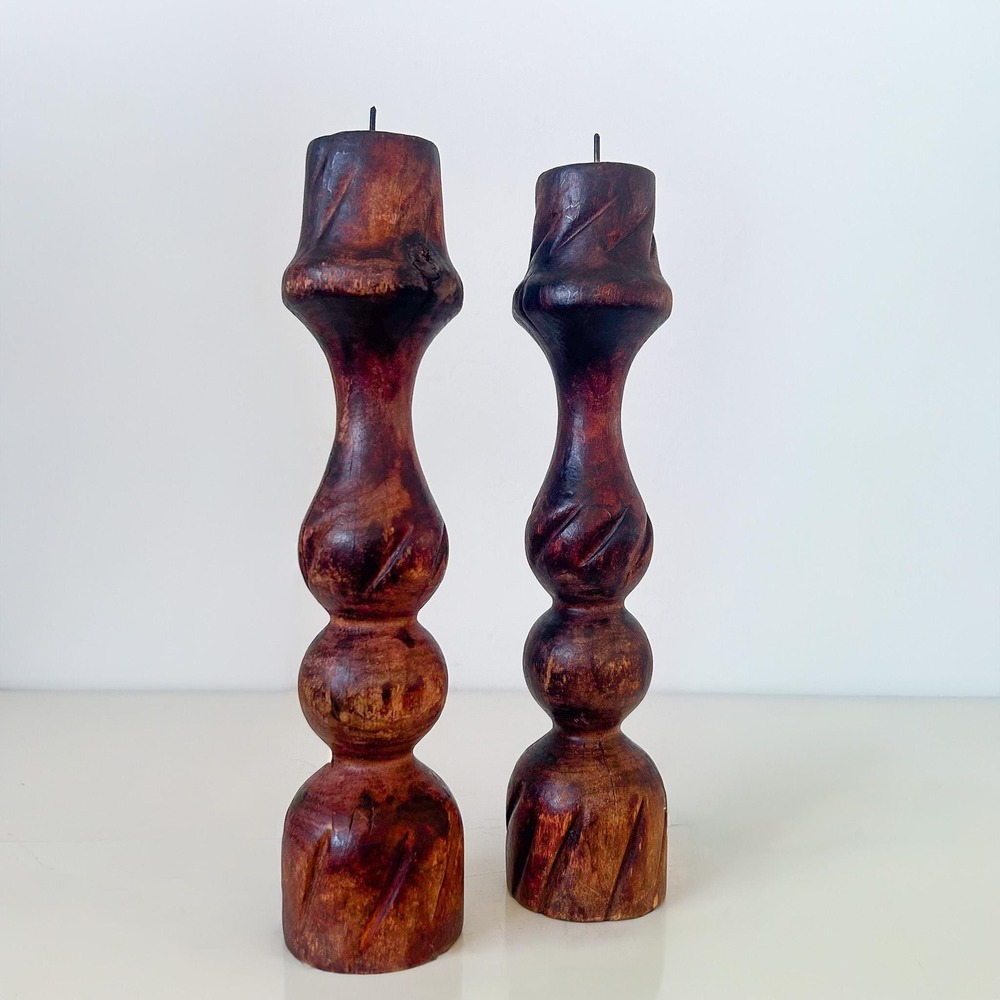 Set of 2 - Vintage Stick Candle Wood Pedestals, Handcarved - Picture 3 of 10
